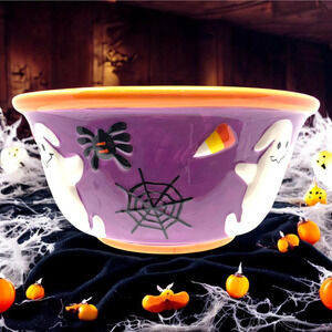 Vtg Y2K Vanson Halloween Ghost Pumpkins Ceramic Trick or Treat Candy Dish Bowl
